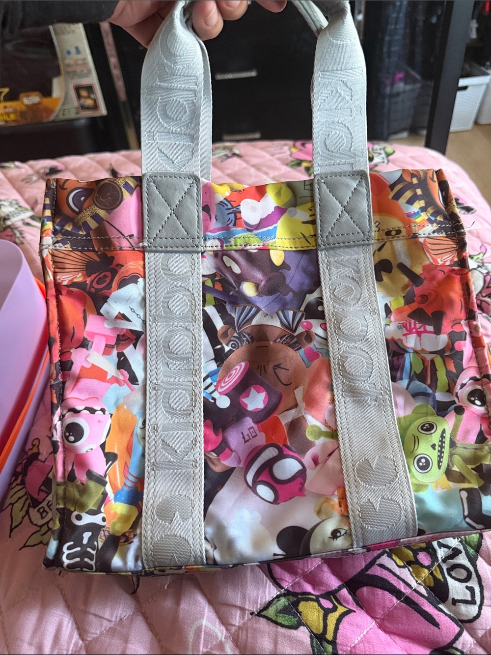 Colorful Multicolor Character-Print Tote with grey Logo Straps